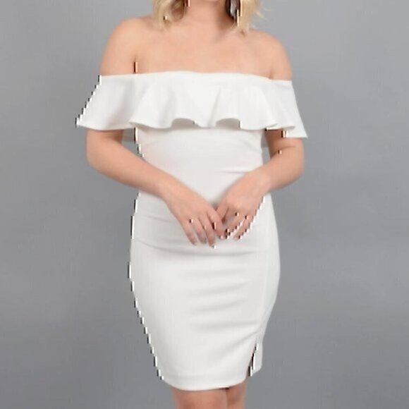 NEW NWT SEQUIN HEARTS Off the Shoulder Dress Cream Ivory Fitted Bodycon Mini 9 - Picture 1 of 9